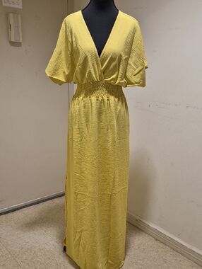 Yellow Smocked Waist V-Neck Maxi Dress